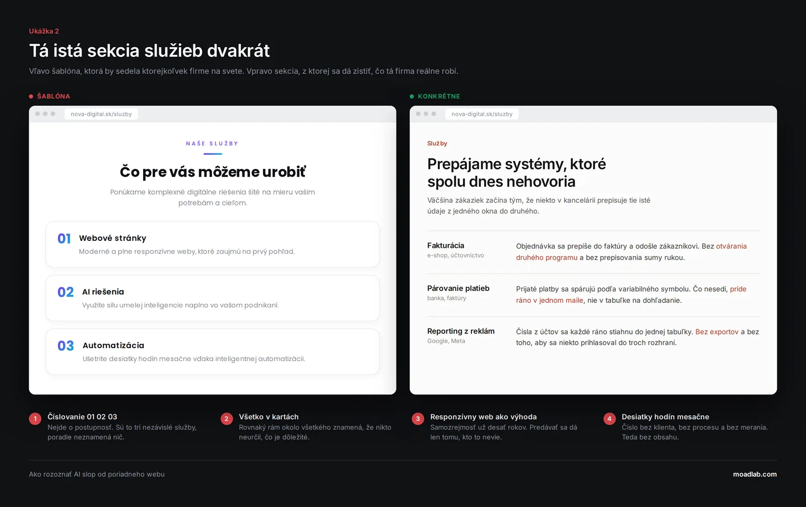 Porovnanie šablónovej a konkrétnej sekcie služieb