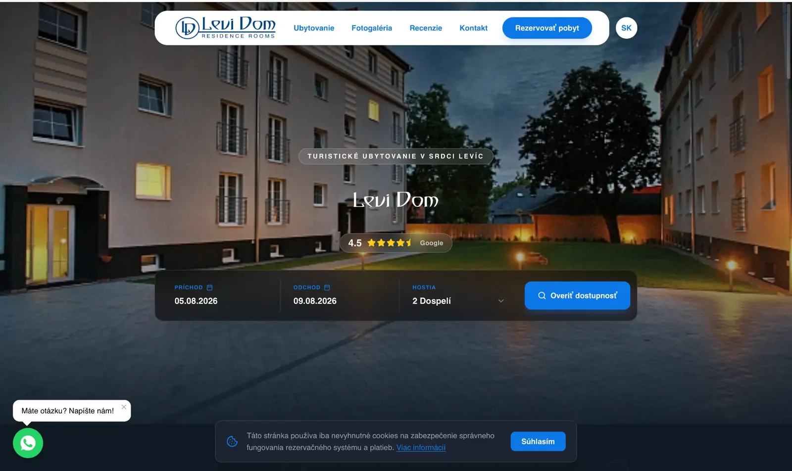 Úvodná stránka webu Levi Dom s vyhľadávaním termínu a overením dostupnosti